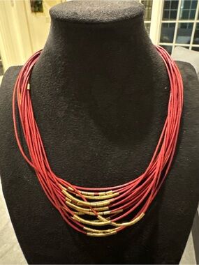 Red Multi Strand Cord Necklace Brass Tone Beads Magnetic Clasp Statement